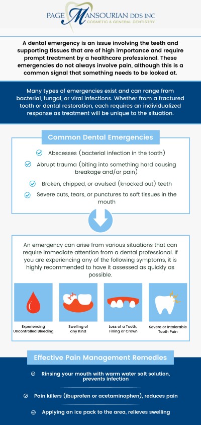 An emergency dentist should be contacted immediately if you have a mouth wound, a broken tooth, or knocked-out teeth. Emergency dental conditions can be treated by Dr. Page Mansourian, D.D.S., and his team of dental specialists. We are conveniently located at 4015 Mission Oaks Blvd, Suite A Camarillo, CA 93012. For more information, contact us or request an appointment online. An emergency dentist should be contacted immediately if you have a mouth wound, a broken tooth, or knocked-out teeth. Emergency dental conditions can be treated by Dr. Page Mansourian, D.D.S., and his team of dental specialists. We are conveniently located at 4015 Mission Oaks Blvd, Suite A Camarillo, CA 93012. For more information, contact us or request an appointment online.